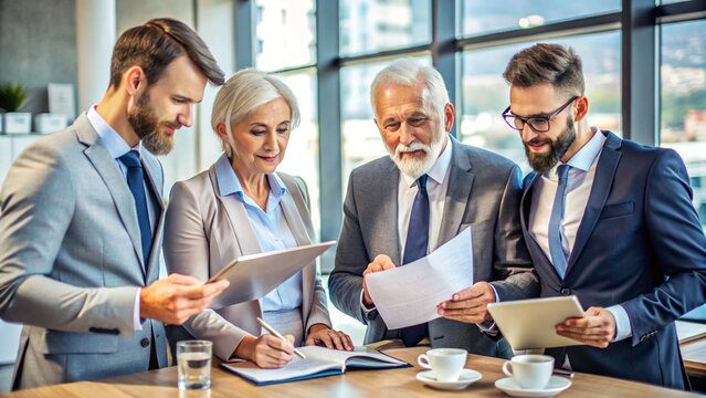 Successful business team cooperates on a laptop at an office meeting 