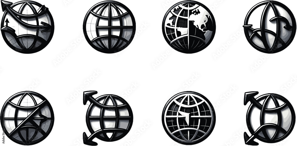 Poster vector art of a set of eight vector globe icons with arrows, isolated on white background