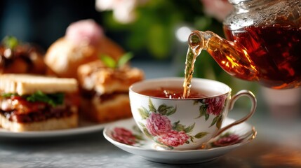 Hot tea is gracefully poured into a floral china cup, paired with an assortment of scrumptious bites, inviting viewers to savor a delightful culinary moment.