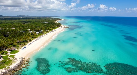 Aerial View of Pristine Tropical Beach with Turquoise Waters and Lush Greenery
