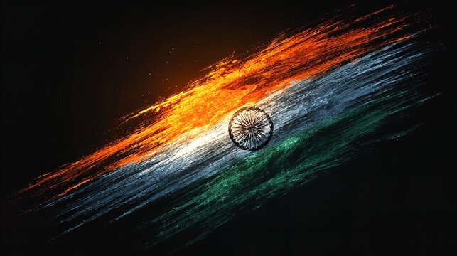 A vibrant celebration of India s spirit painted in flowing strokes of saffron white and green over a dark backdrop with