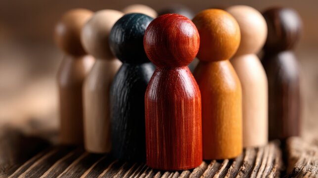 A diverse collection of wooden figurines represents unity and diversity, showcasing various colors and forms, standing together on a rustic wooden surface.