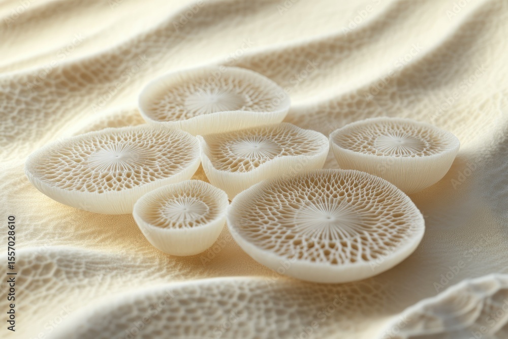 Poster intricate, delicate, white mushroom-like structures arranged on a textured surface.