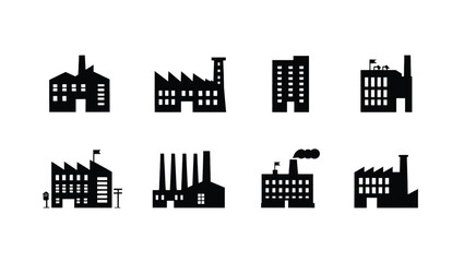 Obraz premium Vector art of eight factory building icons isolated on white background