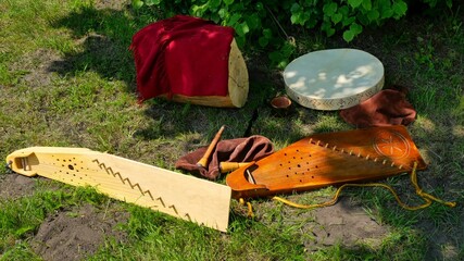 Traditional Wooden Instruments from the Past. Historical Ethnic Instruments at Open-Air Festival.