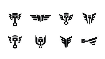 Vector art of a set of eight unique piston and wings icons, isolated on white background, symbolizing speed and power, ideal for automotive or racing logos