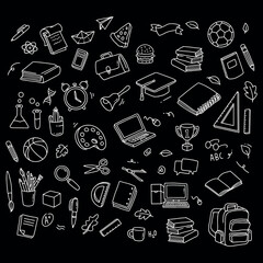 Back to school and education doodle elements in black background