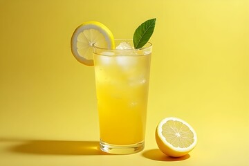 Fototapeta premium Iced lemonade in a glass with fresh yellow lemon. Beverage menu concept