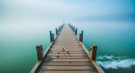 Naklejka premium Misty Morning Walk Wooden Pier Over Sea Foggy Landscape Serene Journey