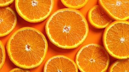 Vibrant orange slices arranged on an orange backdrop, showcasing their juicy texture and refreshing appeal.