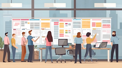 Agile project sprint planning concept. Team lead organizing tasks and sprints using agile board software on computer.