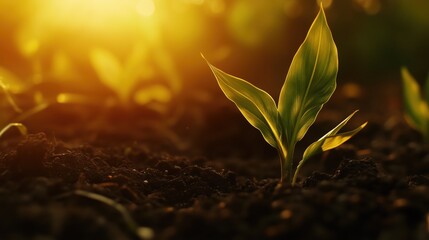 Close-up of a young green corn plant growing in fertile soil at sunrise
