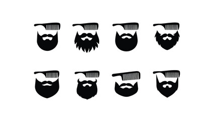 Vector art of collection of eight different black and white beard and mustache icons with combs, isolated on white background