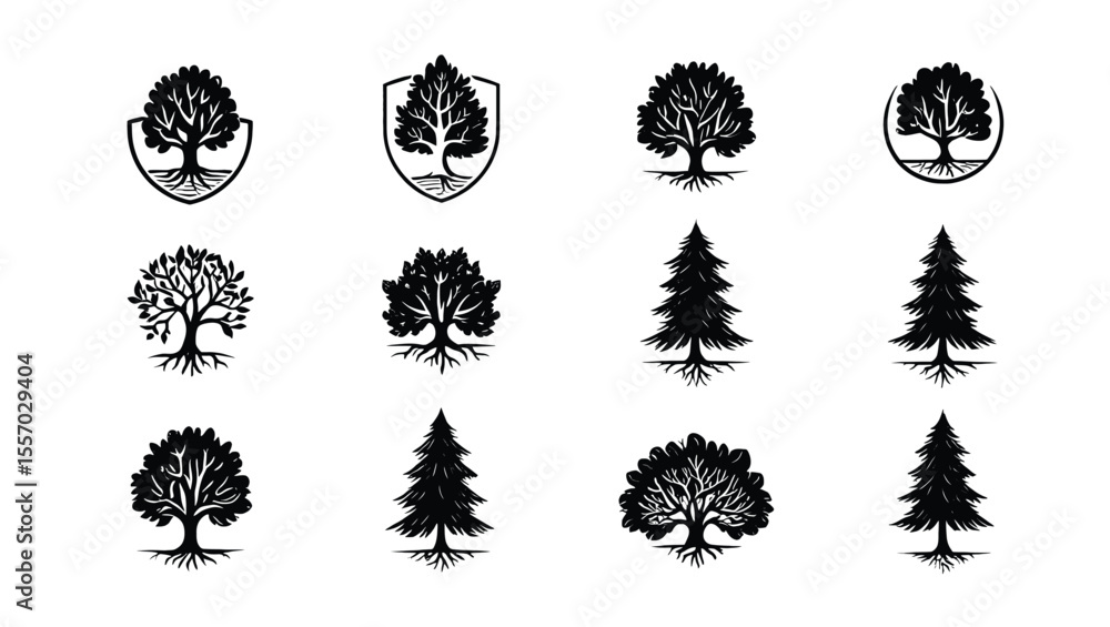 Poster vector art of a collection of twelve vector tree logos isolated on white background, showcasing vari