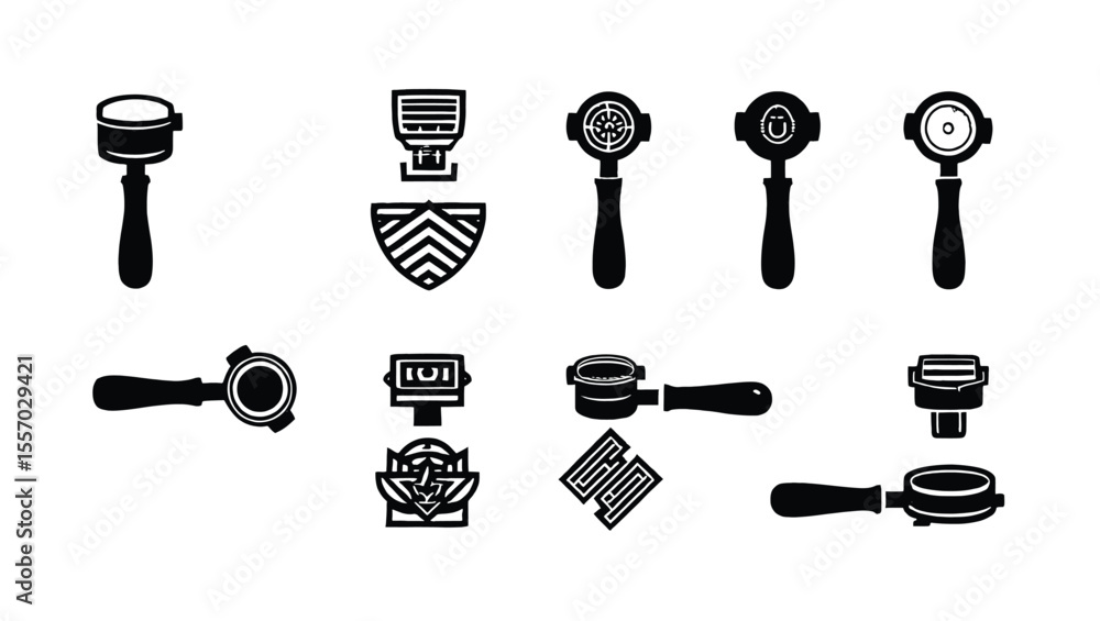 Poster vector art of a collection of twelve vector coffee tamper icons isolated on white background, showin