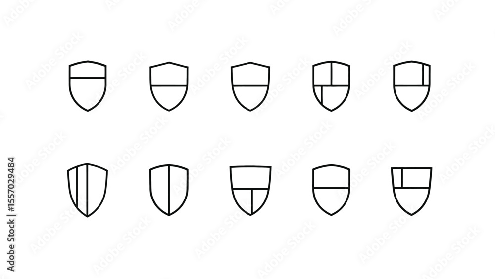 Poster vector art of a set of ten different shield icons isolated on white background, each with a unique d