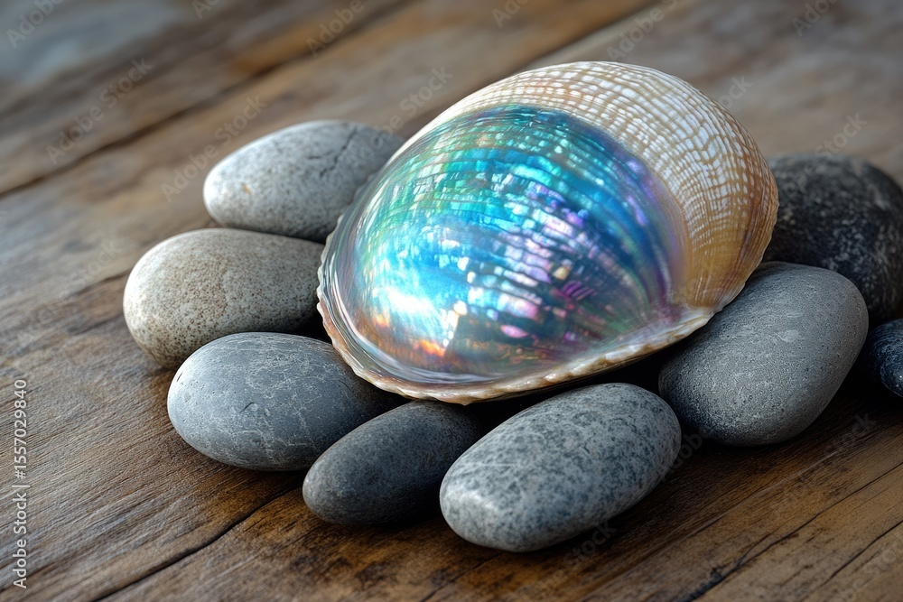 Poster an iridescent abalone shell rests on a bed of smooth grey stones, creating a serene and natural scen