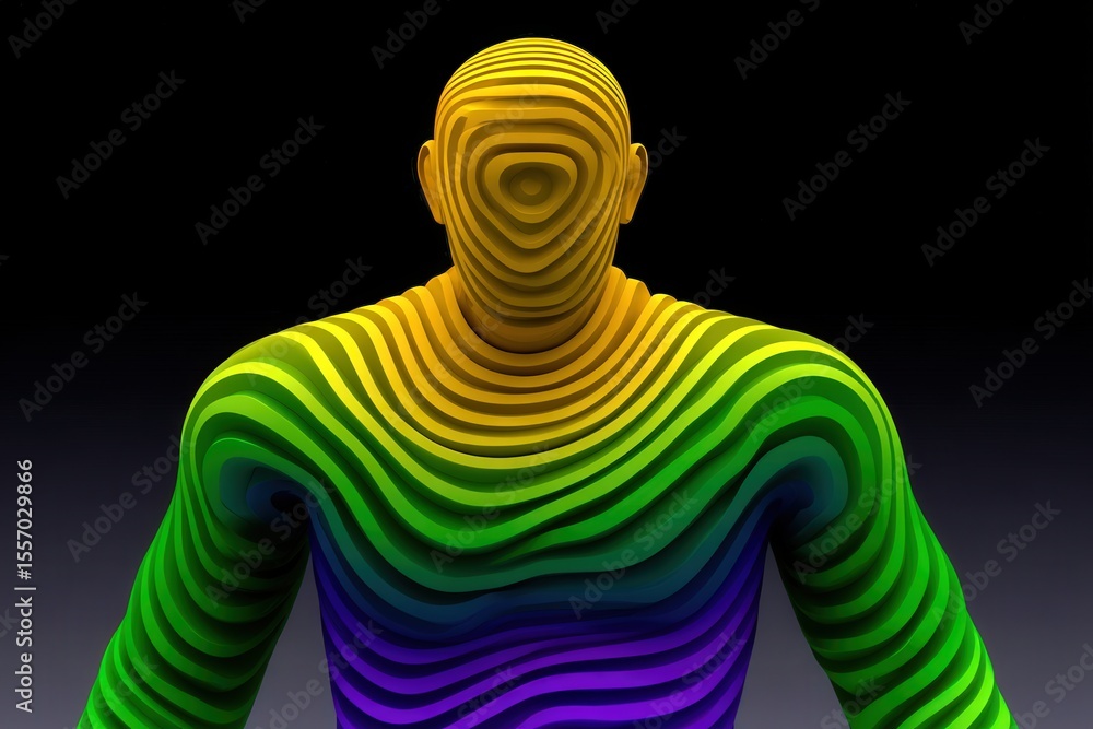 Poster captivating gradient sculpture of a human figure with dynamic flowing lines combining vibrant hues o