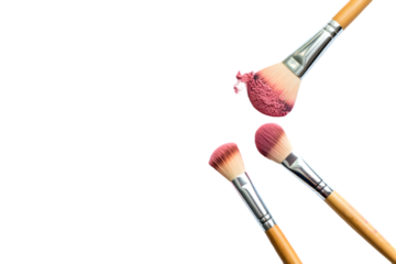 Three Makeup Brushes with Pink Blush ,Wooden Handles Silver Ferrule Soft Bristles Cosmetic Tools Isolated on a transparent background