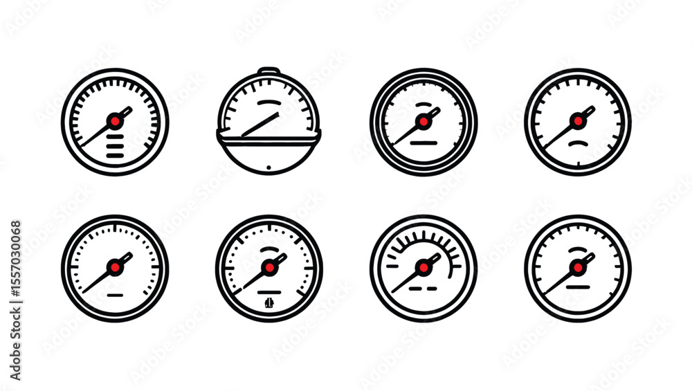 Poster vector art of a set of eight simple line icons depicting various types of gauges isolated on white b