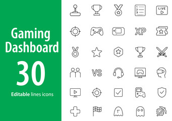 Gaming Dashboard Line Icons, Game Controller, Leaderboard, Trophy, Chat Box, Coins, XP Bar, Settings, and More , Editable Formats: AI, EPS, JPG, PNG , Ideal for Both Digital and Print Use