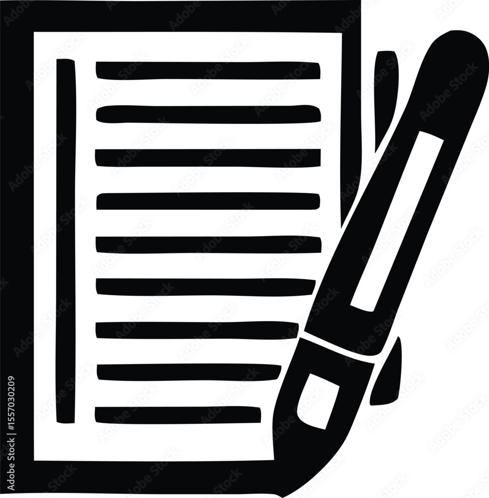 Poster monochrome illustration of a notepad with lined paper and a stylized pen symbolizing writing note ta