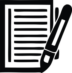 Monochrome Illustration of a Notepad with Lined Paper and a Stylized Pen Symbolizing Writing Note Taking or Documentation in a Simple Bold Design