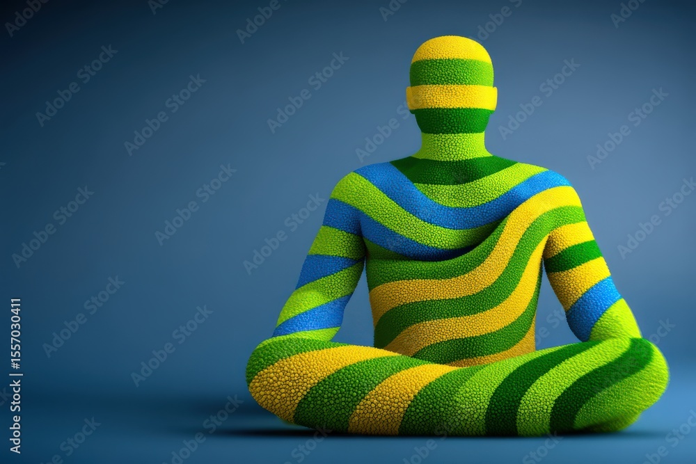 Poster vividly textured abstract figure in meditative pose exhibiting harmonious color patterns that symbol