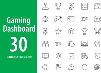Gaming Dashboard Line Icons, Game Controller, Leaderboard, Trophy, Chat Box, Coins, XP Bar, Settings, and More , Editable Formats: AI, EPS, JPG, PNG , Ideal for Both Digital and Print Use