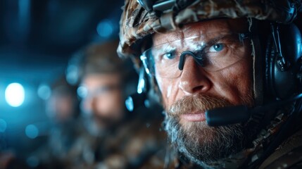 Obraz premium An intense close-up of a soldier equipped for battle, showcasing unwavering focus and readiness, symbolizing bravery and commitment in challenging circumstances.