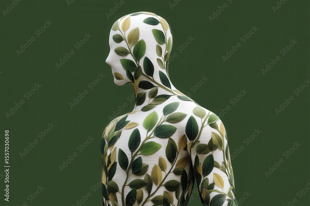 Fototapete human figure adorned with natural leaf patterns standing against a rich emerald backdrop symbolizing