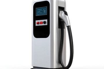 Modern electric vehicle charging station with sleek design, touchscreen display and charging cable, symbolizing clean energy, innovation, sustainable transportation and eco-friendly technology
