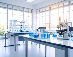 A bright, modern lab interior with a microscope and multiple flasks and test tubes containing blue and orange chemicals, organized on clean workbenches