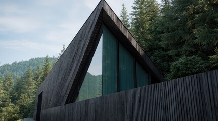Geometric black house with diagonal cedar slats green tinted windows sidelit composition with long angular shadows realistic depth
