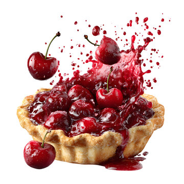 3d cherry pie bursting open with filling flying outward isolated on white background