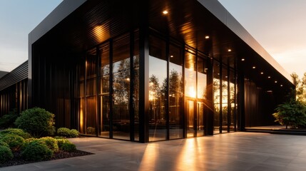 Obraz premium A sleek, modern building features a reflective glass facade, showcasing contemporary design and harmony with nature, capturing the beauty of architecture and urban life.