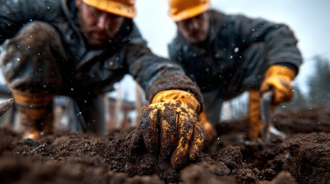 Two diligent workers in yellow helmets and gloves skillfully digging in the muddy ground, showcasing the dedication and hard work involved in manual labor and outdoor tasks.