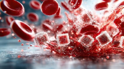 An artistic representation of blood splashing with sugar cubes, creating a captivating visual effect that symbolizes health, sweetness, and dynamism in motion.