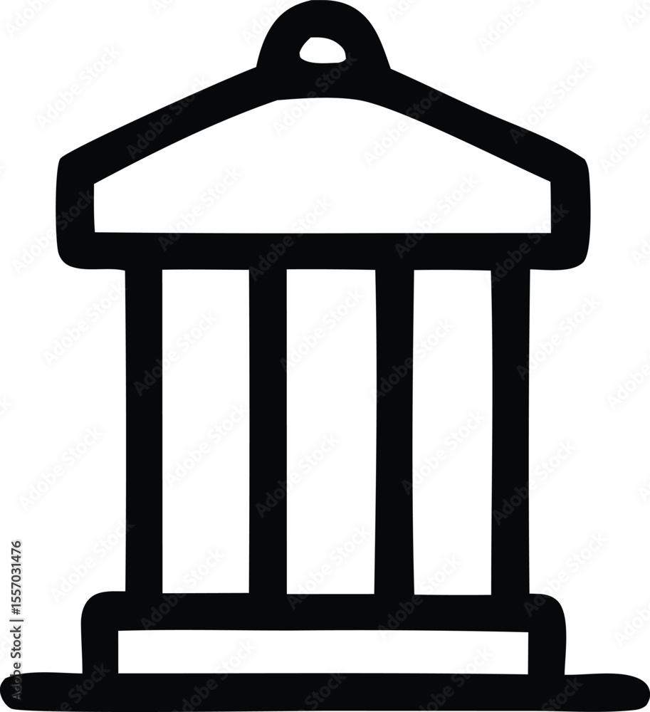 Poster simple black and white illustration of a classical building facade with three columns and a pediment