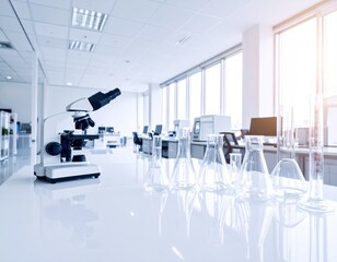 A bright and modern laboratory with a microscope and clear glassware neatly arranged on a white workbench, illuminated by sunlight through tall windows