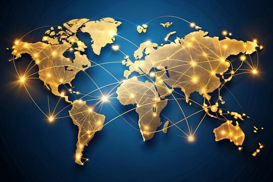 A golden map of the world is elegantly connected by glowing lines, representing global networks and communication