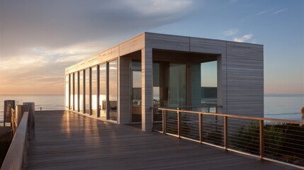 Minimalist beach house with bleached wood siding wraparound glass warm dusk light reflecting off water soft shadow play