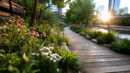 This serene pathway, adorned with colorful flowers and greenery, invites you to enjoy a peaceful stroll while basking in the warmth of the golden sunlight at sunset.