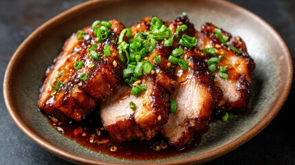 A mouth-watering dish of succulent pork, beautifully plated and garnished with fresh green onions, perfect for showcasing culinary skill and gastronomic delight in dining.