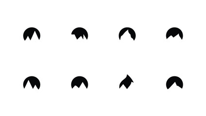 Vector art of a set of eight simple mountain silhouettes in black and white isolated on white background