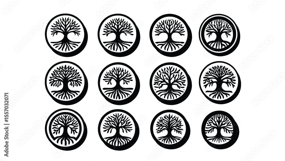 Aufkleber vector art of a collection of twelve unique tree logos, each isolated on white background, showcasin