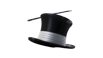 Stock image of magic top hat with wand for magician illusionist performance accessory isolated on white on transparent background