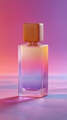 Elegant glass perfume bottle with wooden cap and gradient liquid on a colorful background
