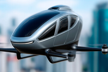 Futuristic passenger drone with sleek aerodynamic design, tinted windows and quadcopter rotors flying above city, concept of urban air mobility and modern transport innovation