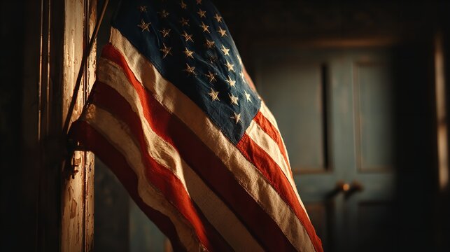 An antique American flag hangs with solemn grace illuminated in warm sunlight draped over a textured aged wall with